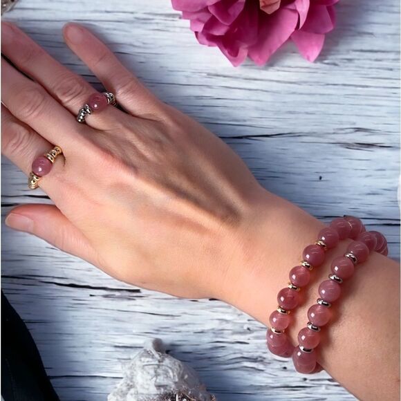NWT Wool + Pepper Co. Strawberry Quartz Beaded Bracelet & Ring Set - Picture 2 of 5